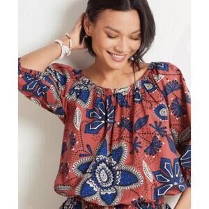 Sundry 1/Small Exploded Floral Top Blouse Rust Blue Toggle 3/4 Sleeves